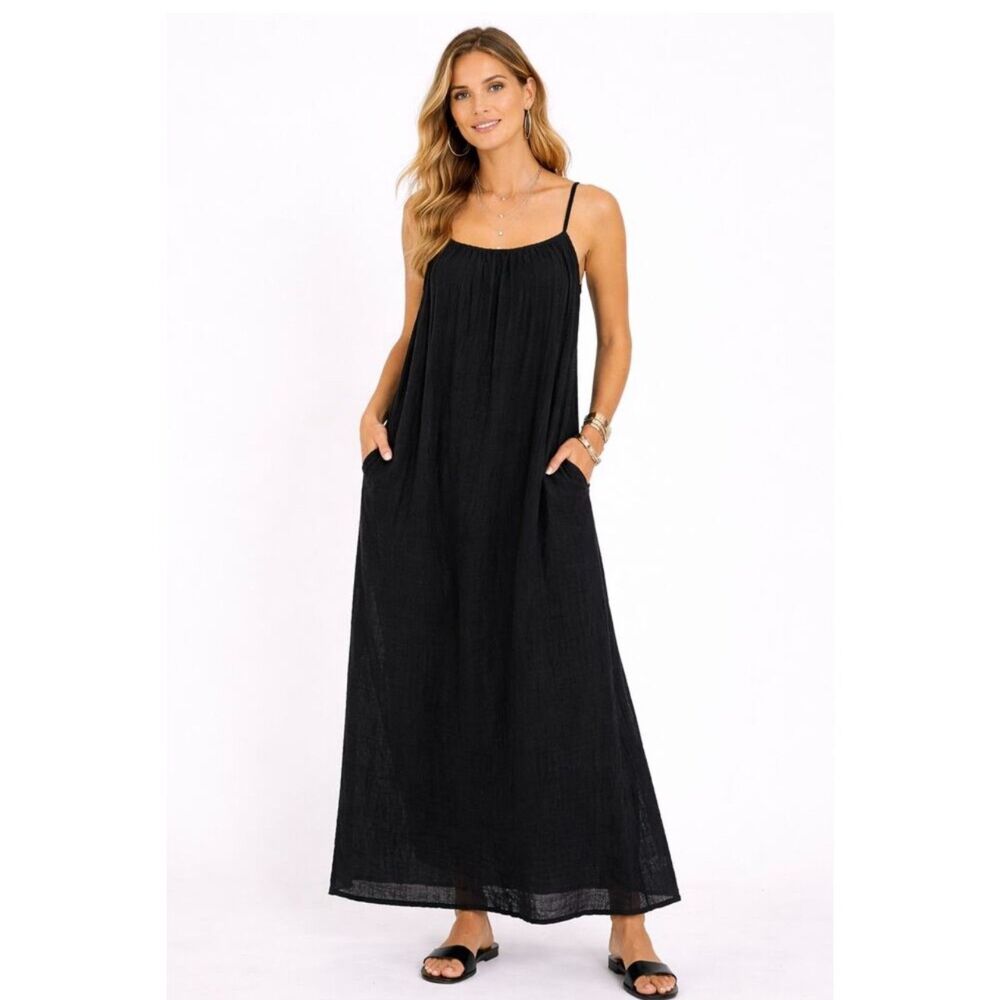 Sol Angeles Gauzy Cotton Maxi Dress Black Adjustable Tie Back Size XS/S NWOT